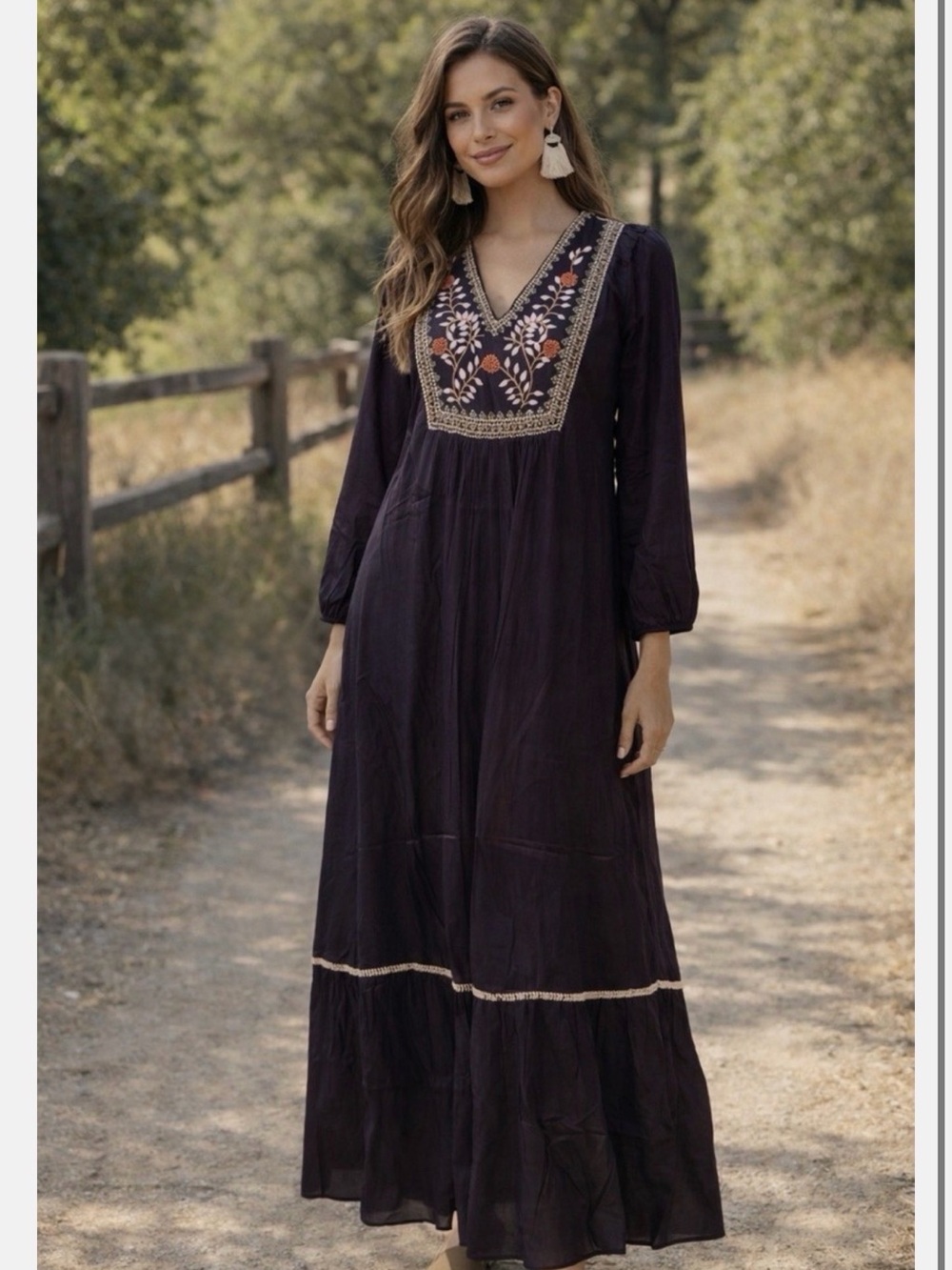MSRP $289 Ex Voto Embroidered Long Sleeve Maxi Dress in Plum, fits like Small
